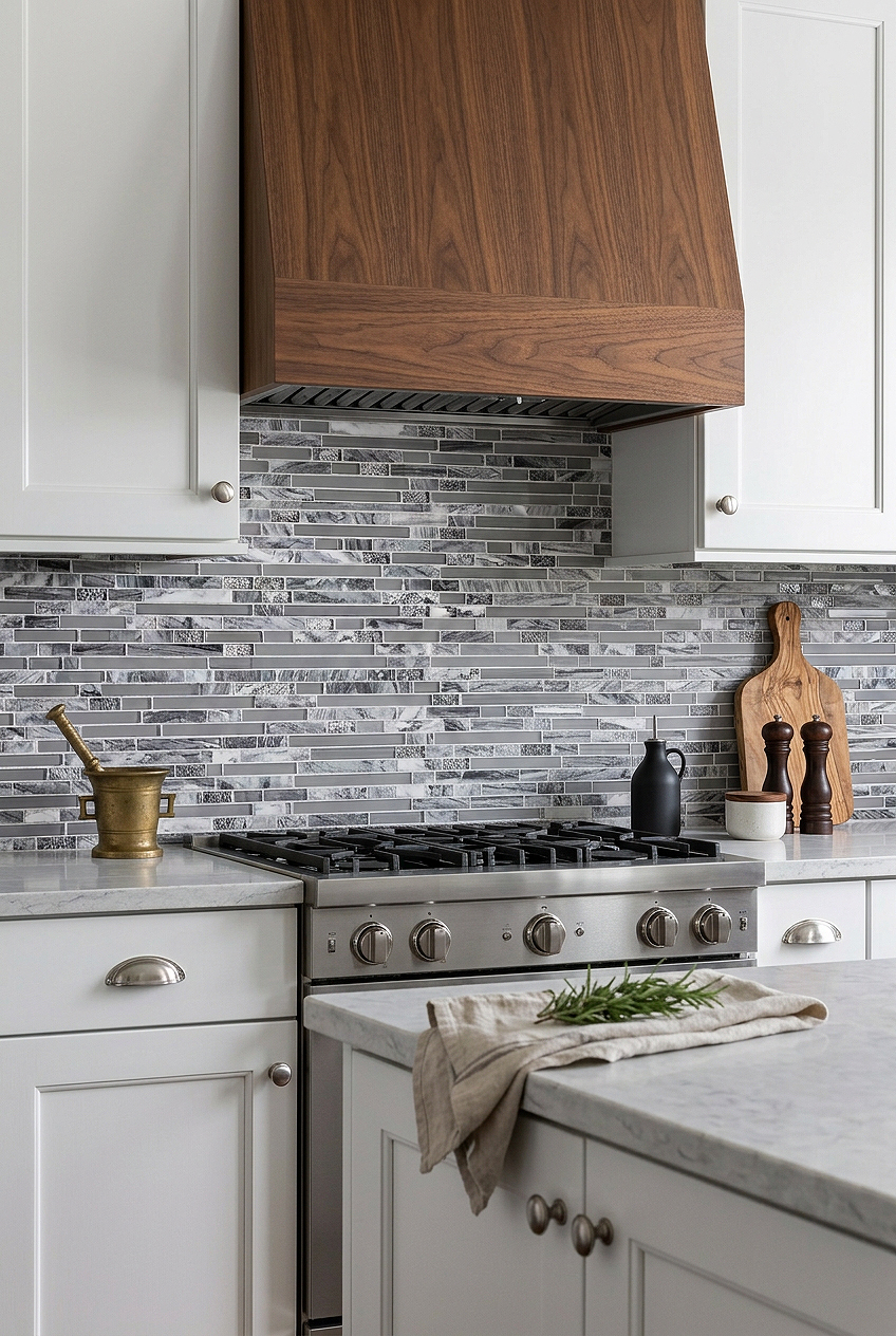 Wood Range Hood with Gray Marble Glass Mosaic Tile BA1037