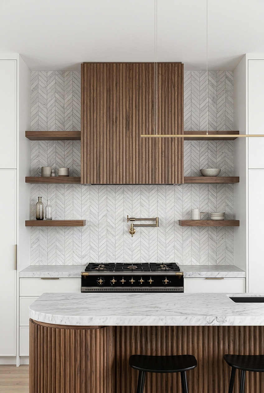 Wood Range Hood with Marble Textured Chevron Tile BA631613