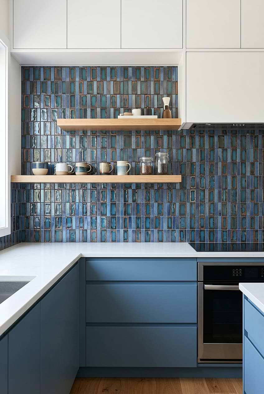 Wood Shelves with Rustic Blue Glass Vertical Mosaic Tile BA6204