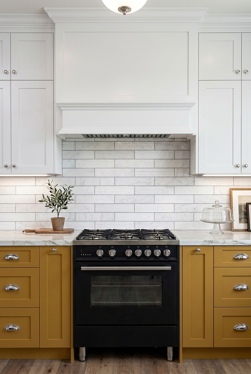Yellow Cabinets with Large White Marble Subway Tile BA8035