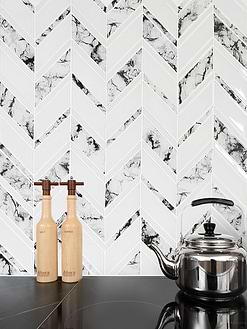 White Chevron Marble Look Glass Mosaic Backsplash Tile BA5506