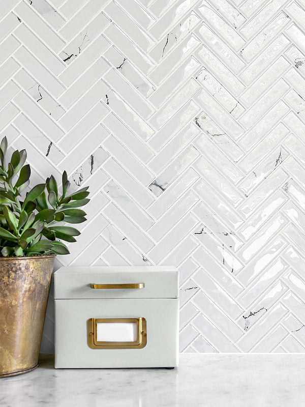 White Glass Herringbone Marble Look Mosaic Backsplash Tile BA5503