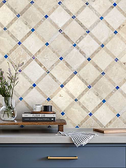Light Travertine Tile with Blue Glass BA1029