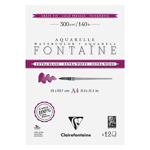 בלוק לצבעי מים 100 אחוז כותנה כבישה קרה EXTRA WHITE 300 גרם FONTAINE 21/29.7