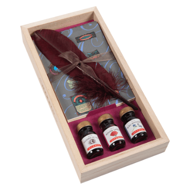 מארז קליגרפיה עם נוצה + 3 בקבוקי דיו מבית HERBIN