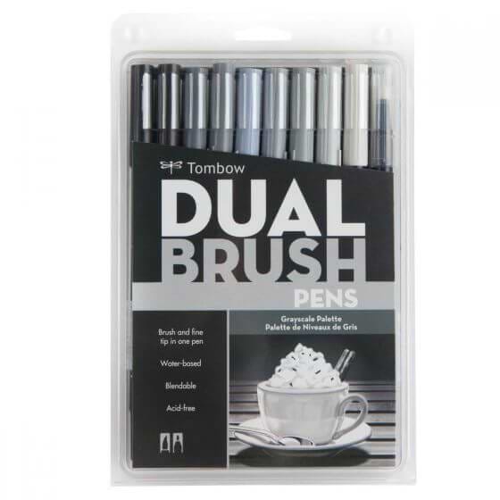 Dual Brush Pen Art Markers, Grayscale, 10-Pack