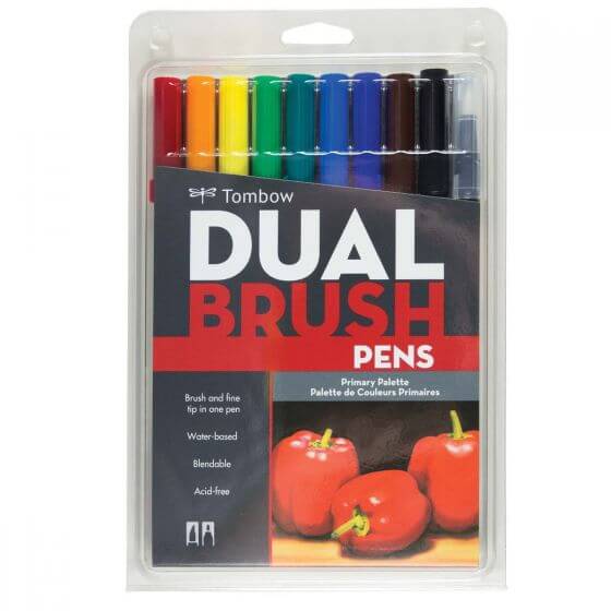 Dual Brush Pen Art Markers, Primary, 10-Pack