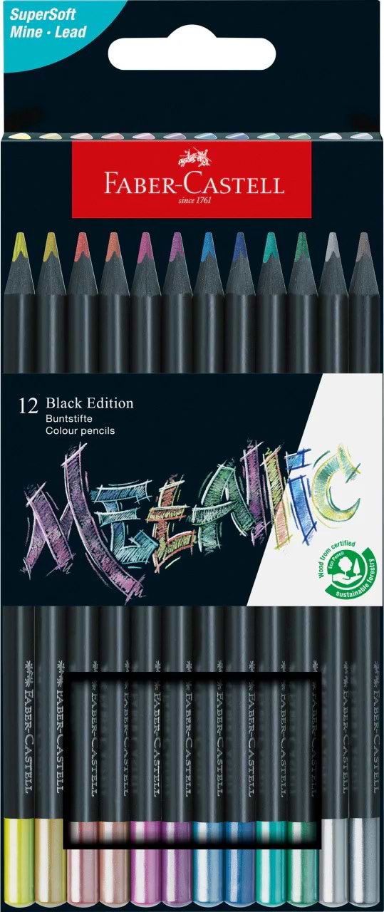 מארז 12 עפרונות מטאלי METALLIC BLACK EDITION FABER CASTELL