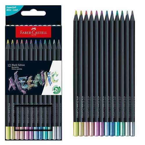 מארז 12 עפרונות מטאלי METALLIC BLACK EDITION FABER CASTELL