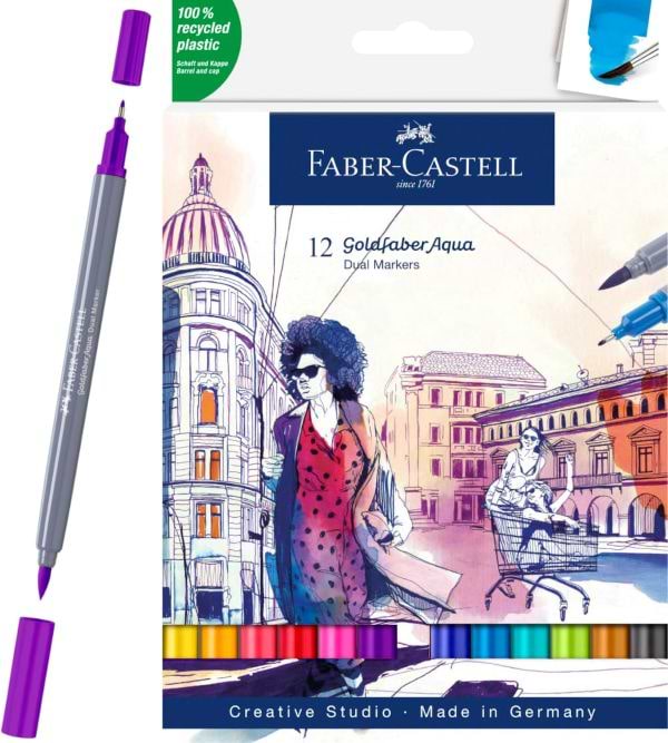 סט 12 טושים בסיס מים  דו צדדיים FABER CASTELL GOLDFABER AQUE 