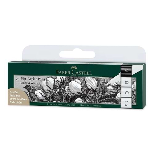 סט 4 טושים שחור ולבן פאבר קסטל - PITT ARTIST PENS BLACK & WHITE