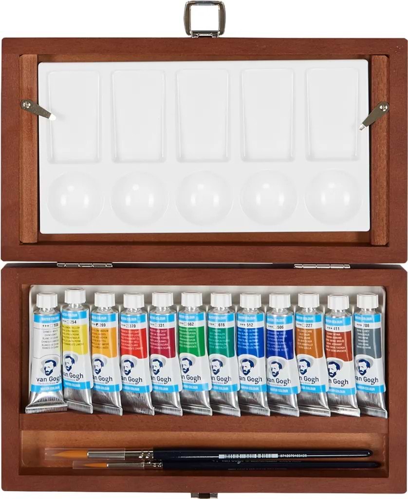 מארז 12 שפורפרות צבעי מים ואן גוך בקופסאת עץ.