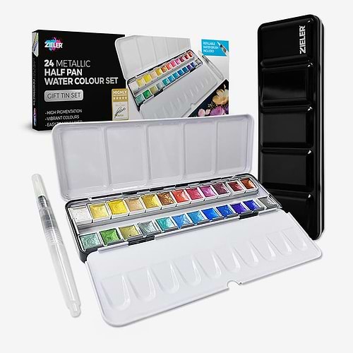סט 24 צבעי מים מטאליים 24 METALLIC HALF PAN WATER COLOUR SET ZIELER