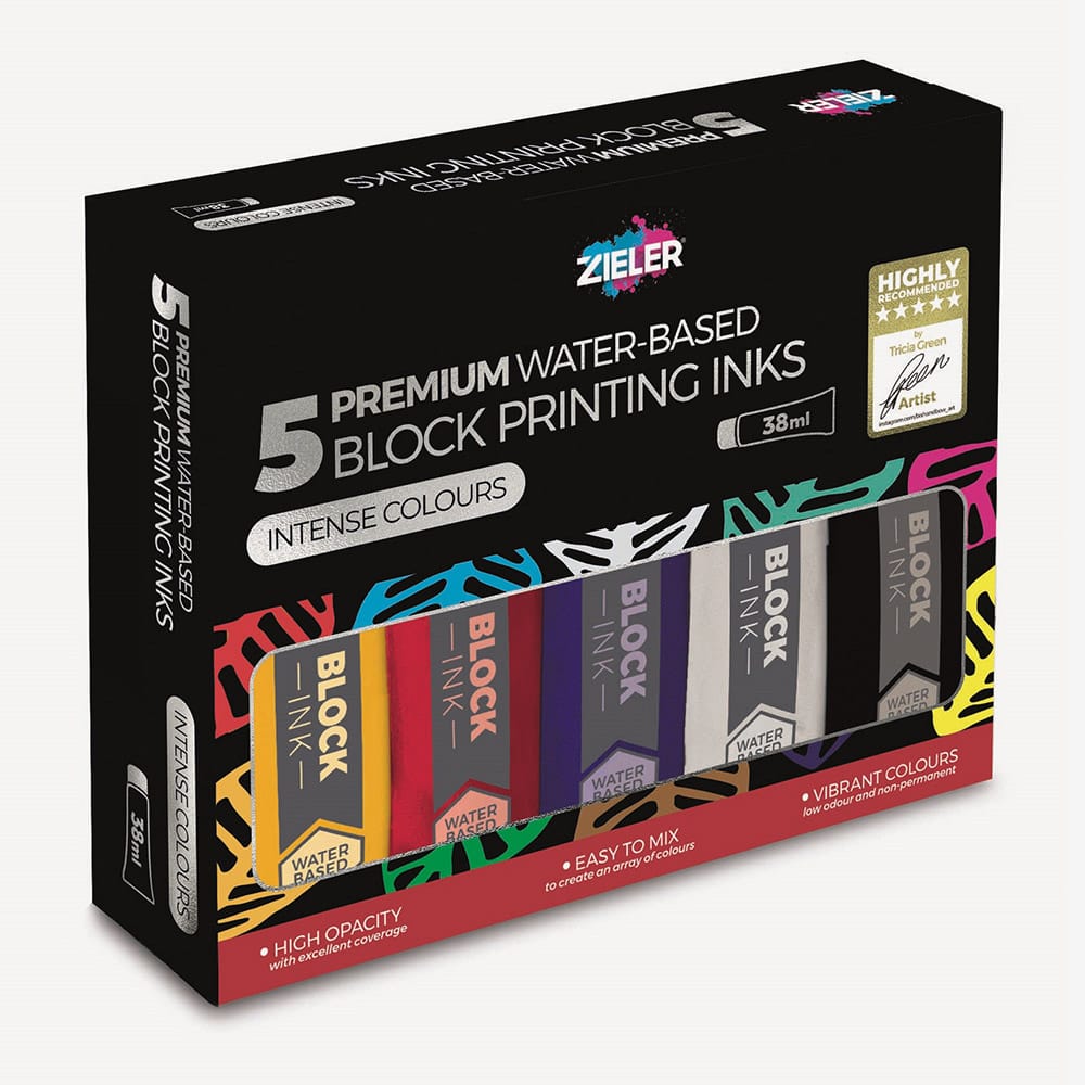 סט 5 צבעי הדפס לינו 5 PREMIUM WATER BASED BLOCK PRINTING INKS ZIELER 