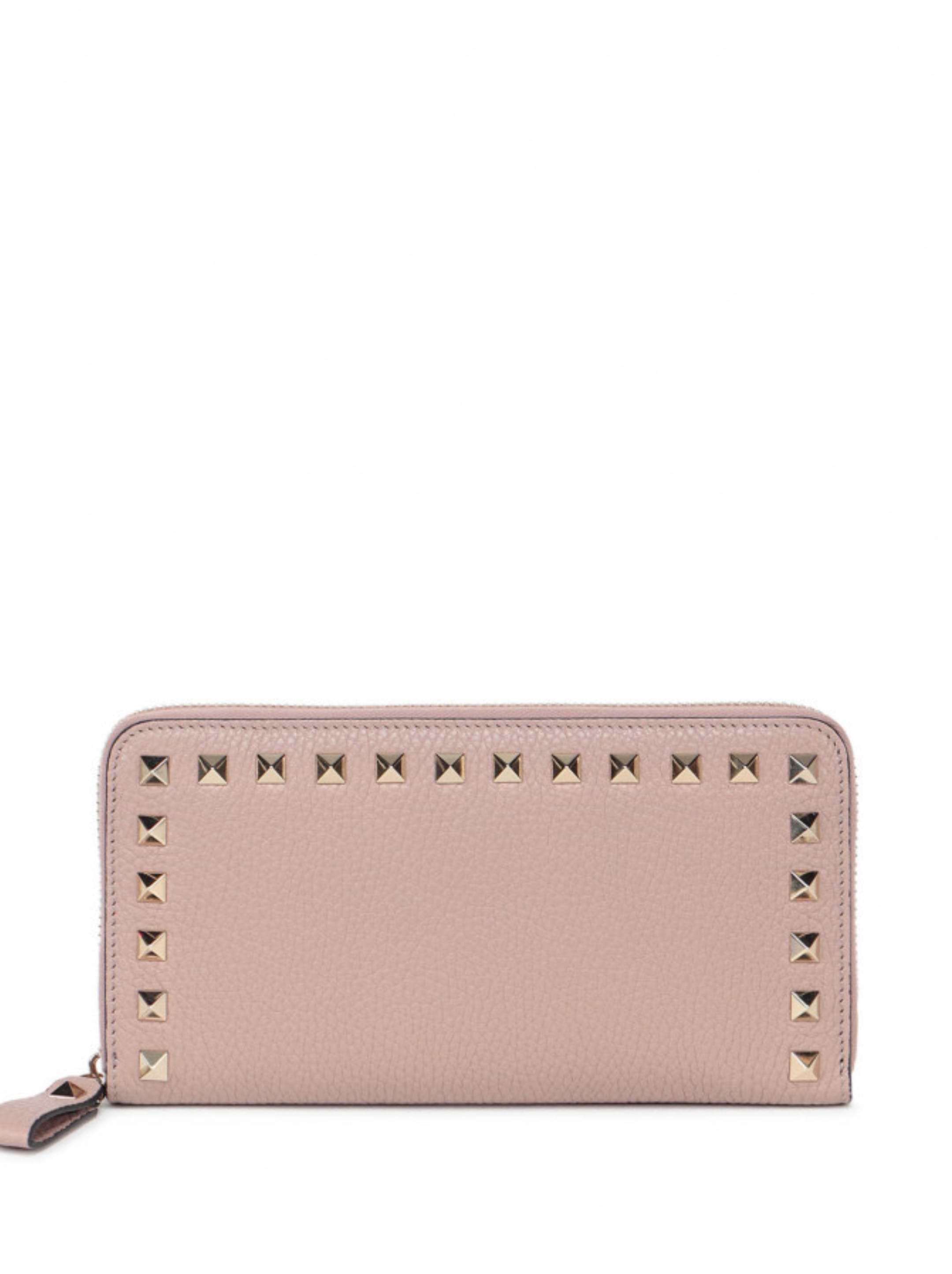 折りたたみ財布 VALENTINO ROCKSTUD ZIP AROUND WALLET Valentino Garavani - Rockstud Red Grained Leather Zip-Around