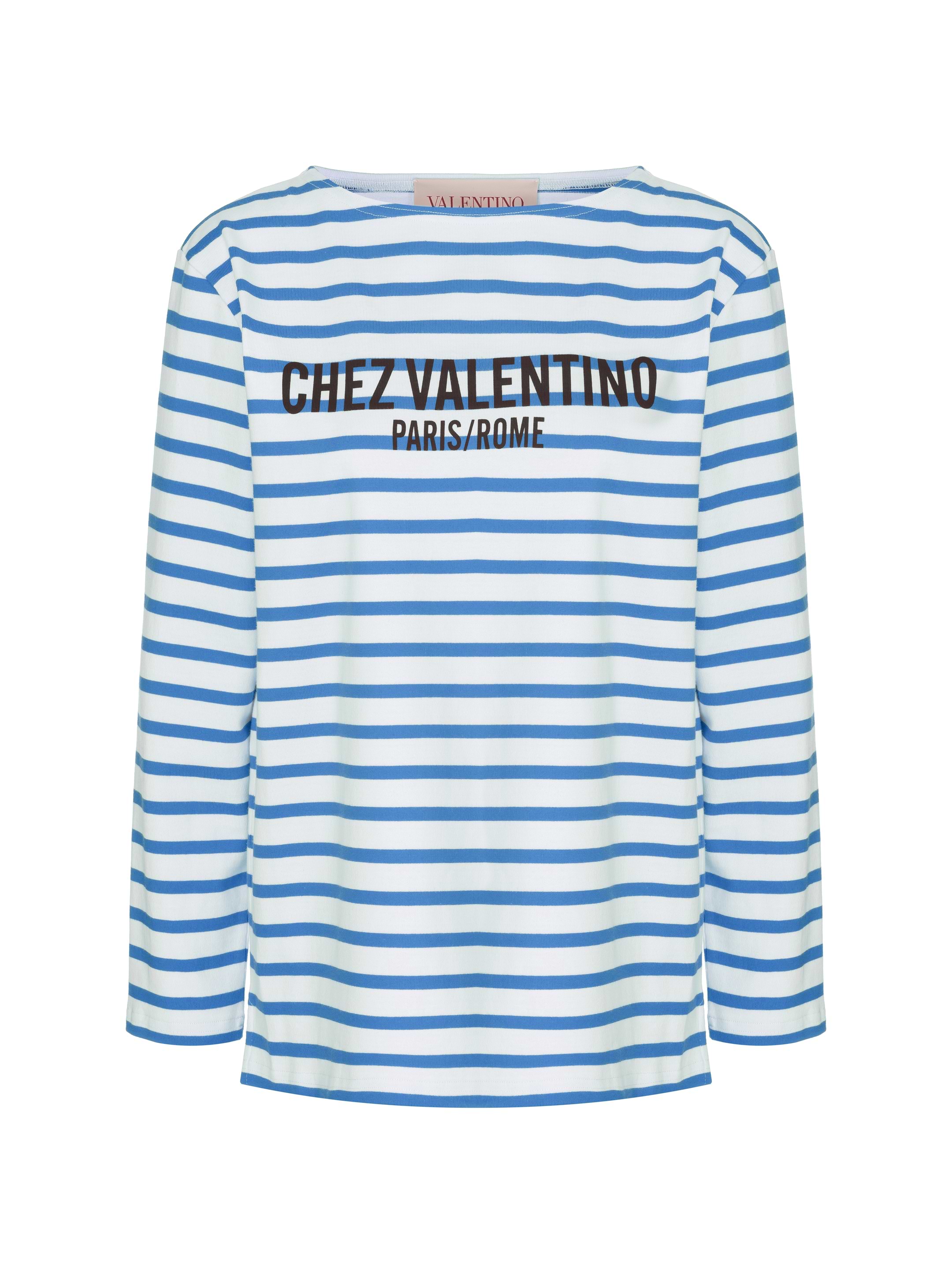 Tシャツ・カットソー STRIPED CHEZ VALENTINO LONG-SLEEVES T-SHIRT Long-sleeved Cotton T-shirt With Chez Valentino Print for