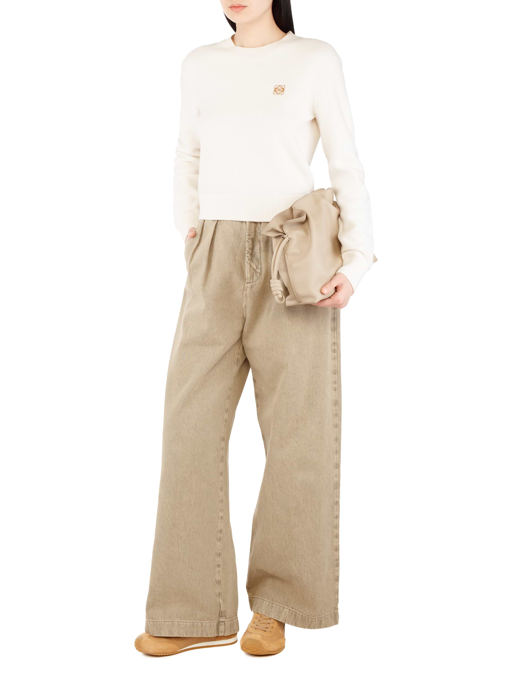 パンツ LOEWE Women Straight Pants S616Y1KX043046 BEIGE Cotton twill wide-leg pants in beige - Loewe | Mytheresa