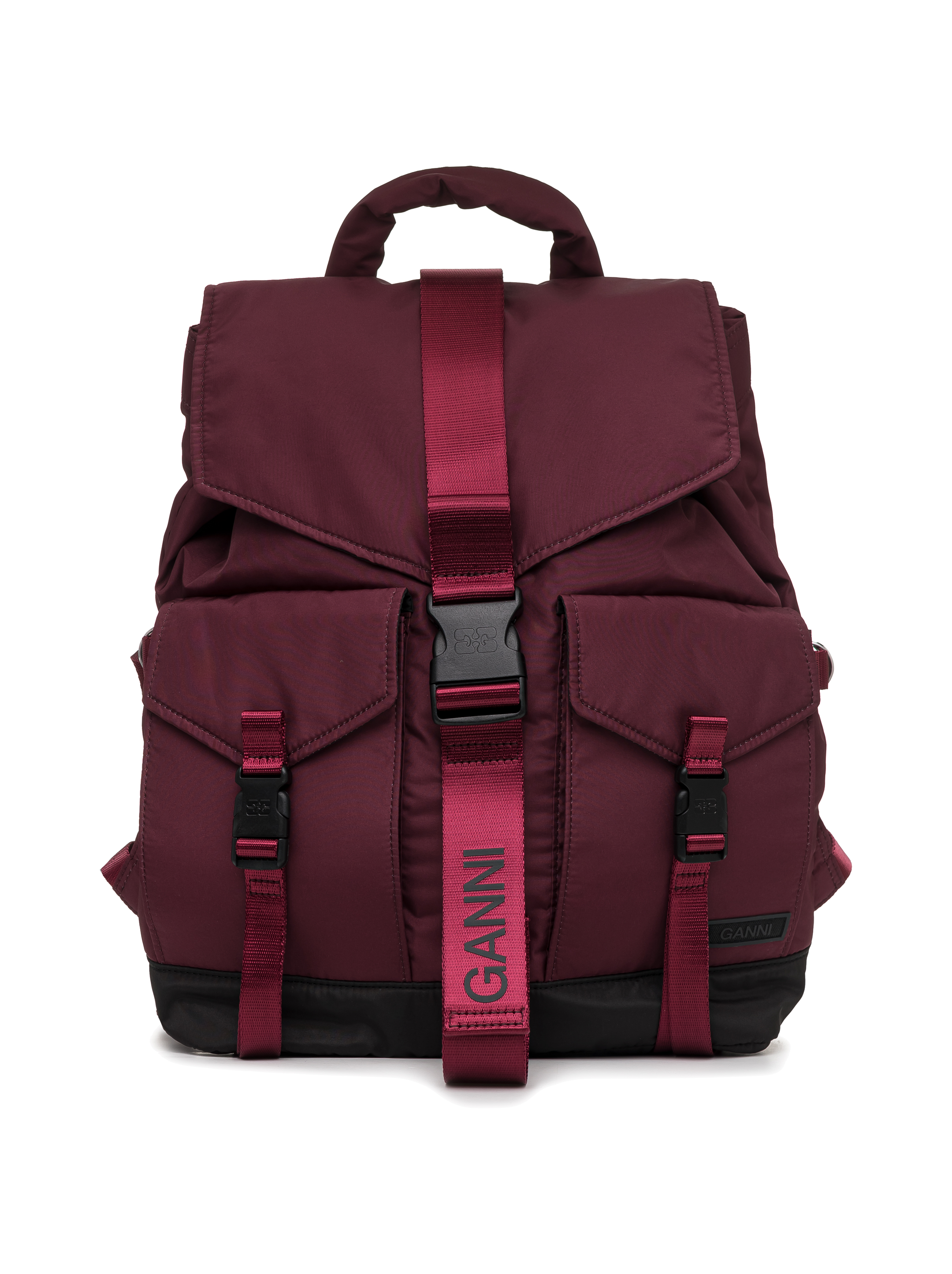 GANNI ナイロンバックパック ブラック/ピンク GANNI Branded Top-Handle Recycled-Polyester Backpack in