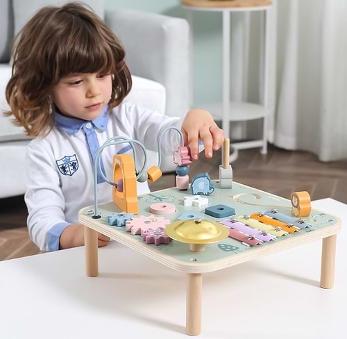 שולחן פעילות מוזיקאלי אינטרקטיבי מעץ עם מבוך חרוזים, קסילופון ומגוון פעילויות מסדרת דב קוטב ויגה