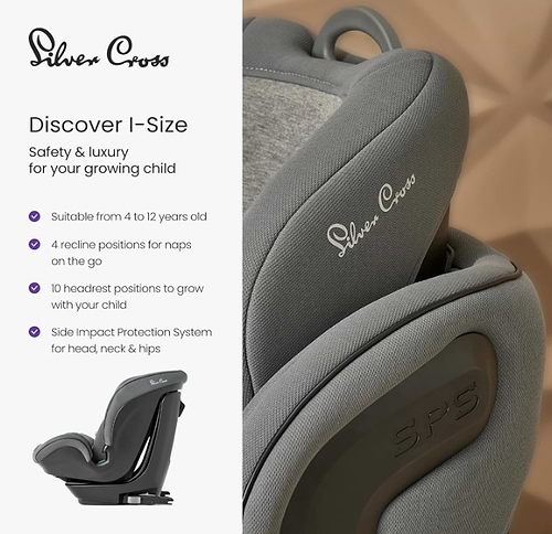 מושב בטיחות בוסטר Silver Cross Discover i-Size – הגנה ונוחות מקסימלית לגילאי 4 עד 12 בצבע אפור
