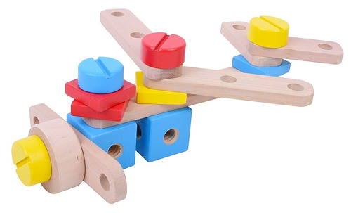 סט בניה והרכבה מעץ אום ובורג 53 חלקים בקופסא רב פעמית 