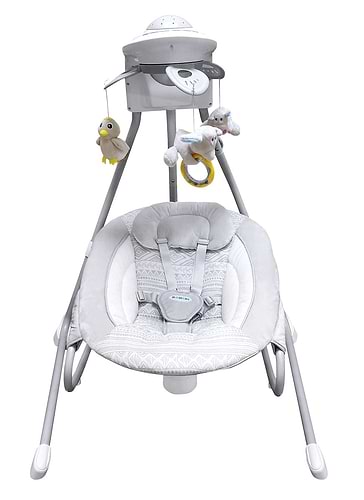 נדנדה חשמלית לתינוק משולבת טרמפולינה, מובייל ומקרן תקרה BY028 - אפור