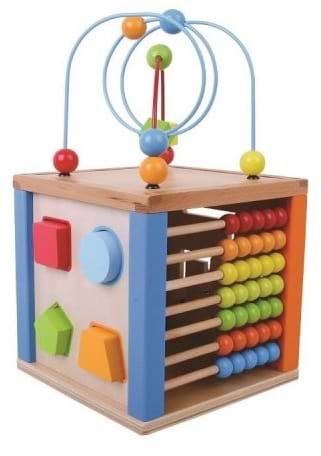 קוביית פעילות מעץ עם מבוך חרוזים, התאם צורה וגלגלי שיניים 