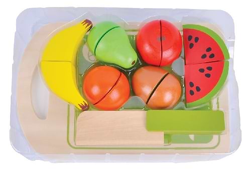 סט 5 פירות למשחק מעץ עם סכין חיתוך ומגש 12 חלקים