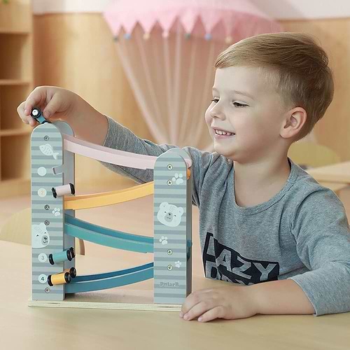 מסלול מגלשה למכוניות מעץ מלא + 4 מכוניות