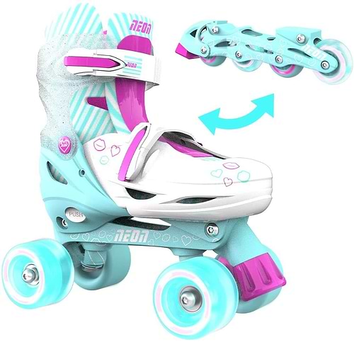 גלגליות סקייטים לילדים 2 ב 1 עם תאורת LED בגלגלים מידה: 30 - 33 - תכלת/ורוד