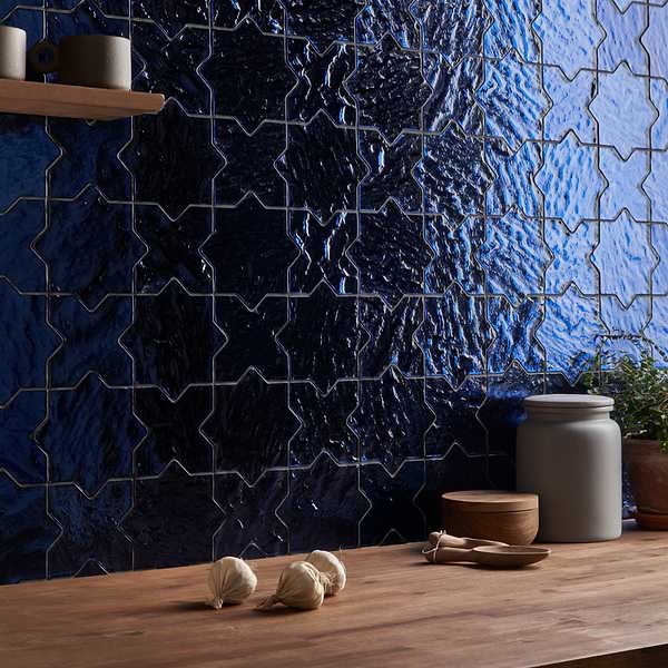 Kismet Star Cross Blue; in Blue Glass; for Backsplash, Bathroom Wall, Kitchen Wall, Shower Wall, Wall Tile