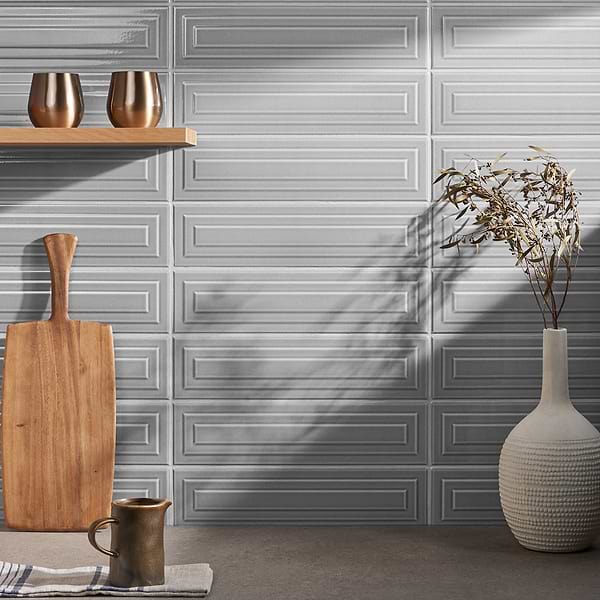 Retouch Frame Gray 4.5x18 3D Crackled Glossy Ceramic Tile; in Gray Ceramic; for Backsplash, Bathroom Wall, Kitchen Wall, Shower Wall, Wall Tile; in Style Ideas Contemporary, Traditional, Transitional