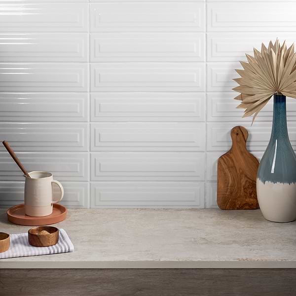 Retouch Frame White 4.5x18 3D Crackled Glossy Ceramic Tile; in White Ceramic; for Backsplash, Bathroom Wall, Kitchen Wall, Shower Wall, Wall Tile; in Style Ideas Contemporary, Traditional, Transitional