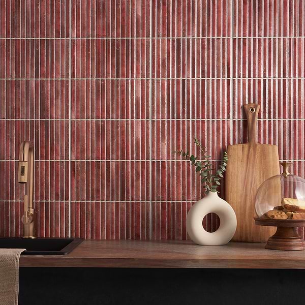 Bryn Fluted Red 6x12 3D; in Red, Pink Red Body Ceramic; for Backsplash, Bathroom Wall, Kitchen Wall, Shower Wall, Wall Tile; in Style Ideas Industrial, Mid Century