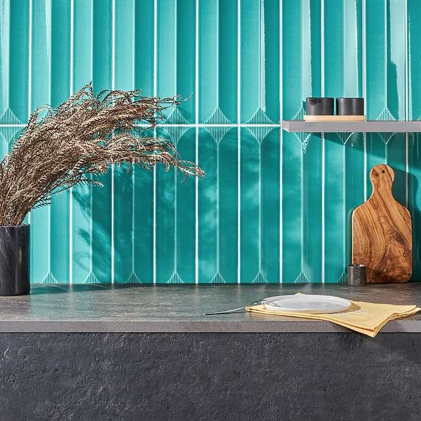 Retouch Inflex Teal Green 4.5x18 3D Crackled Glossy Ceramic Tile; in Green Blue Ceramic; for Backsplash, Bathroom Wall, Kitchen Wall, Shower Wall, Wall Tile; in Style Ideas Contemporary, Traditional, Transitional