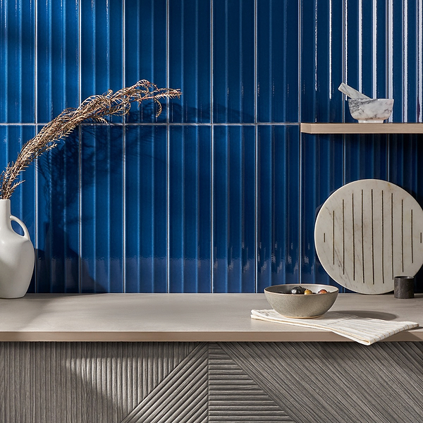 Retouch Fluted Nautical Blue 4.5x18 3D Crackled Glossy Ceramic Tile; in Blue Ceramic; for Backsplash, Bathroom Wall, Kitchen Wall, Shower Wall, Wall Tile; in Style Ideas Contemporary, Traditional, Transitional