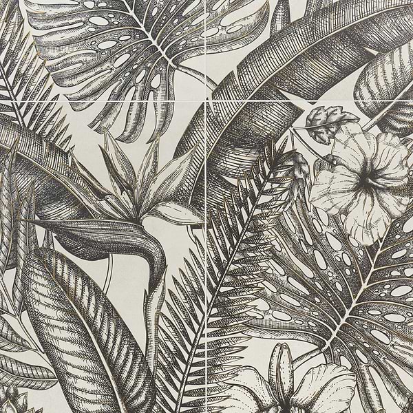 Paula Purroy Musee Gardenia Black and White 24x48 Artisan Decor Porcelain Tile