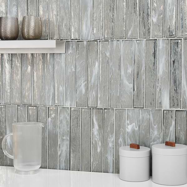Artemis Brick Silver Haze 2x12; in Gray Glass; for Backsplash, Bathroom Wall, Kitchen Wall, Shower Wall, Wall Tile; in Style Ideas Beach, Contemporary, Mediterranean, Transitional, Tropical, Whimsical