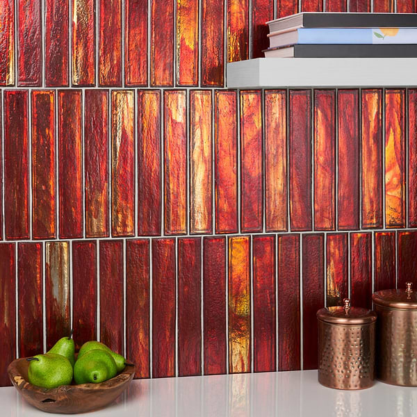 Artemis Brick Sunset 2x12; in Red Glass; for Backsplash, Bathroom Wall, Kitchen Wall, Wall Tile; in Style Ideas Beach, Contemporary, Mediterranean, Transitional, Tropical, Whimsical