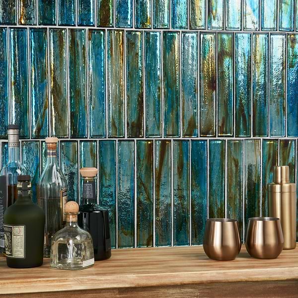 Artemis Brick Tropical Lagoon 2x12; in Green, Blue, Brown Glass; for Backsplash, Bathroom Wall, Kitchen Wall, Shower Wall, Wall Tile; in Style Ideas Beach, Contemporary, Mediterranean, Transitional, Tropical, Whimsical