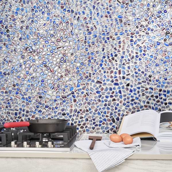 Artemis Pebble Dusk; in Blue Glass; for Backsplash, Bathroom Wall, Kitchen Wall, Shower Wall, Wall Tile; in Style Ideas Beach, Contemporary, Mediterranean, Transitional, Tropical, Whimsical