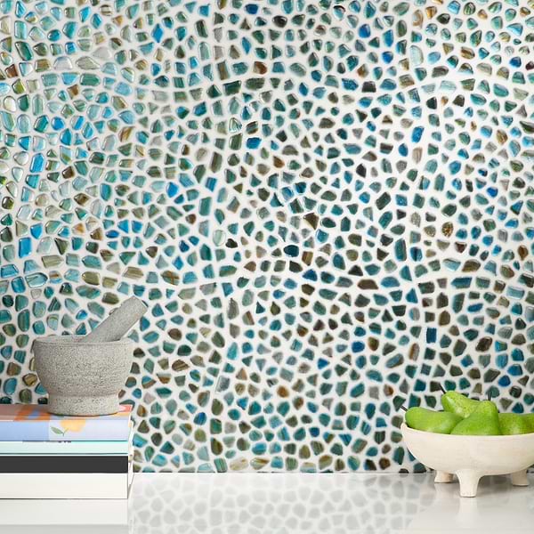 Artemis Pebble Tropical Lagoon; in Blue, Green, Brown Glass; for Backsplash, Bathroom Wall, Kitchen Wall, Shower Wall, Wall Tile; in Style Ideas Beach, Contemporary, Mediterranean, Transitional, Tropical, Whimsical