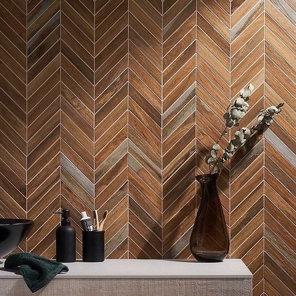 Finity Chevron Oak; in Dark Brown Porcelain; for Backsplash, Bathroom Floor, Bathroom Wall, Commercial Floor, Floor Tile, Kitchen Floor, Kitchen Wall, Outdoor Floor, Outdoor Wall, Pool Tile, Shower Floor, Shower Wall, Wall Tile; in Style Ideas Beach, Contemporary, Craftsman, Farmhouse, Traditional, Transitional, Whimsical