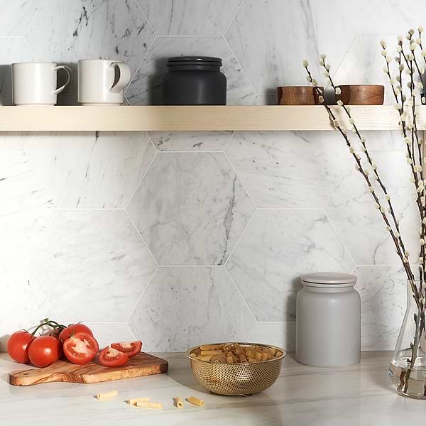 Epoch White Carrara 10" Hexagon Honed; in White Carrara; for Backsplash, Bathroom Floor, Bathroom Wall, Commercial Floor, Floor Tile, Kitchen Floor, Kitchen Wall, Outdoor Wall, Shower Wall, Wall Tile; in Style Ideas Art Deco, Contemporary, Modern, Traditional, Transitional