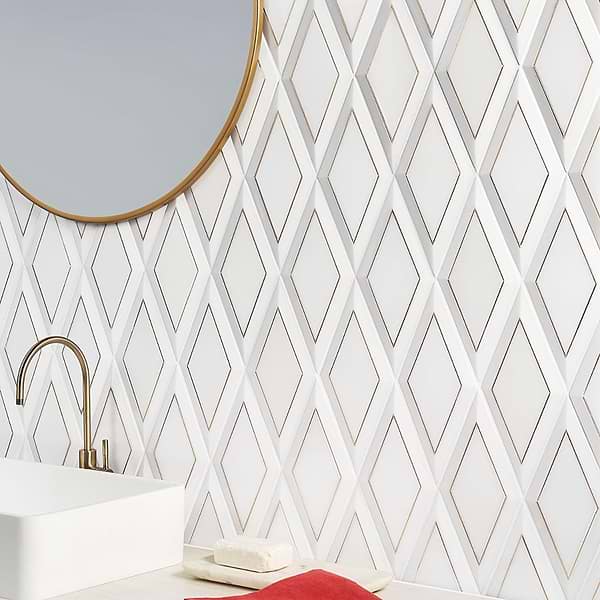 Cabot White Jade Brass Inlay Beveled 6x12; in White with Brass White Jade, Brass; for Backsplash, Bathroom Wall, Kitchen Wall, Wall Tile; in Style Ideas Art Deco, Classic, Traditional