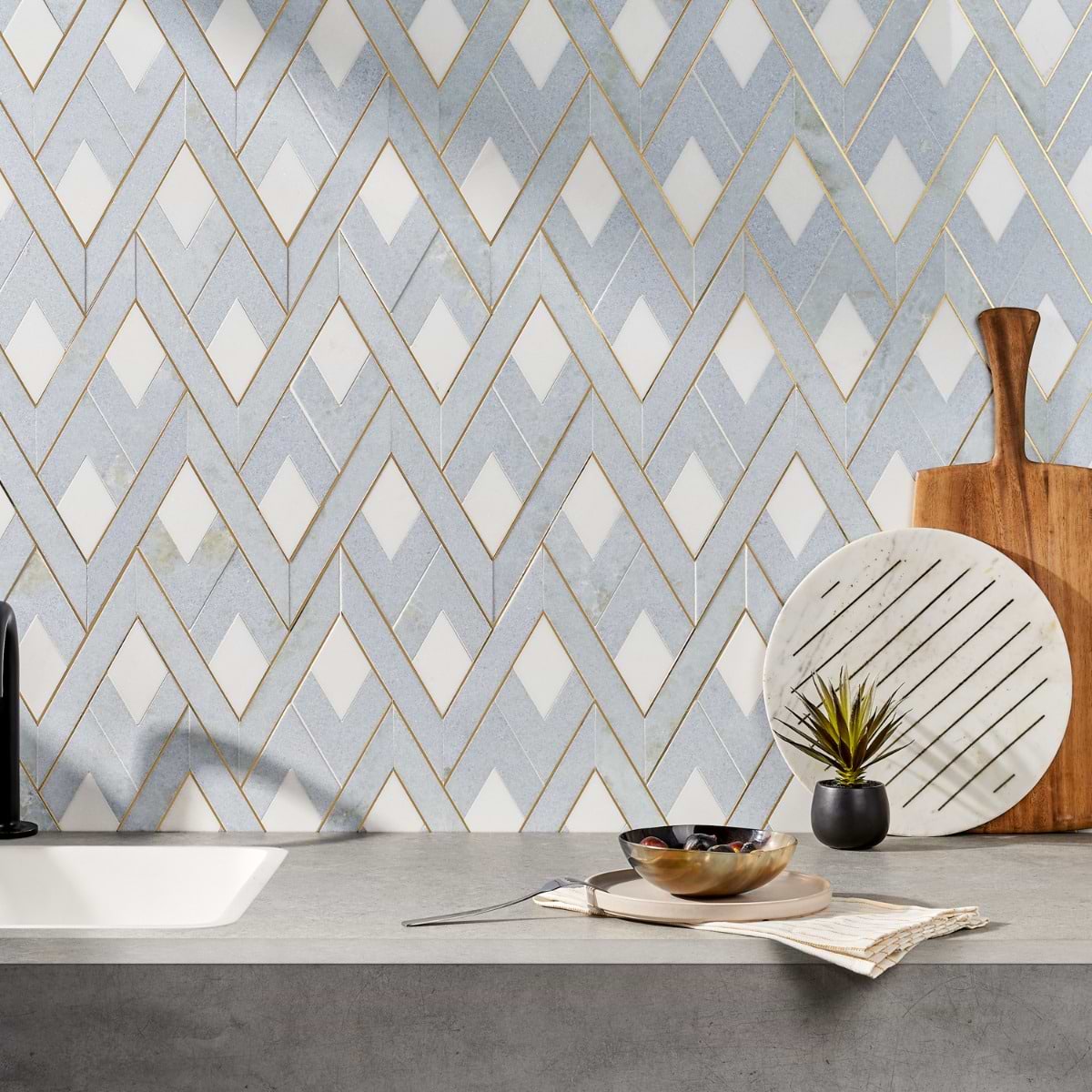 Fontane Celeste - White Thassos, Blue Celeste, & Brass; in Blue, White Marble + Brass; for Backsplash, Bathroom Wall, Kitchen Wall, Wall Tile; in Style Ideas Art Deco, Classic, Contemporary