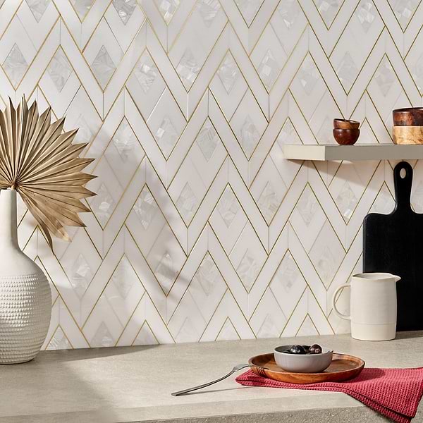 Fontane Pearl - White Thassos, White Pearl, & Brass; in White and Gold Marble + Pearl + Brass; for Backsplash, Bathroom Wall, Kitchen Wall, Wall Tile; in Style Ideas Art Deco, Classic, Contemporary
