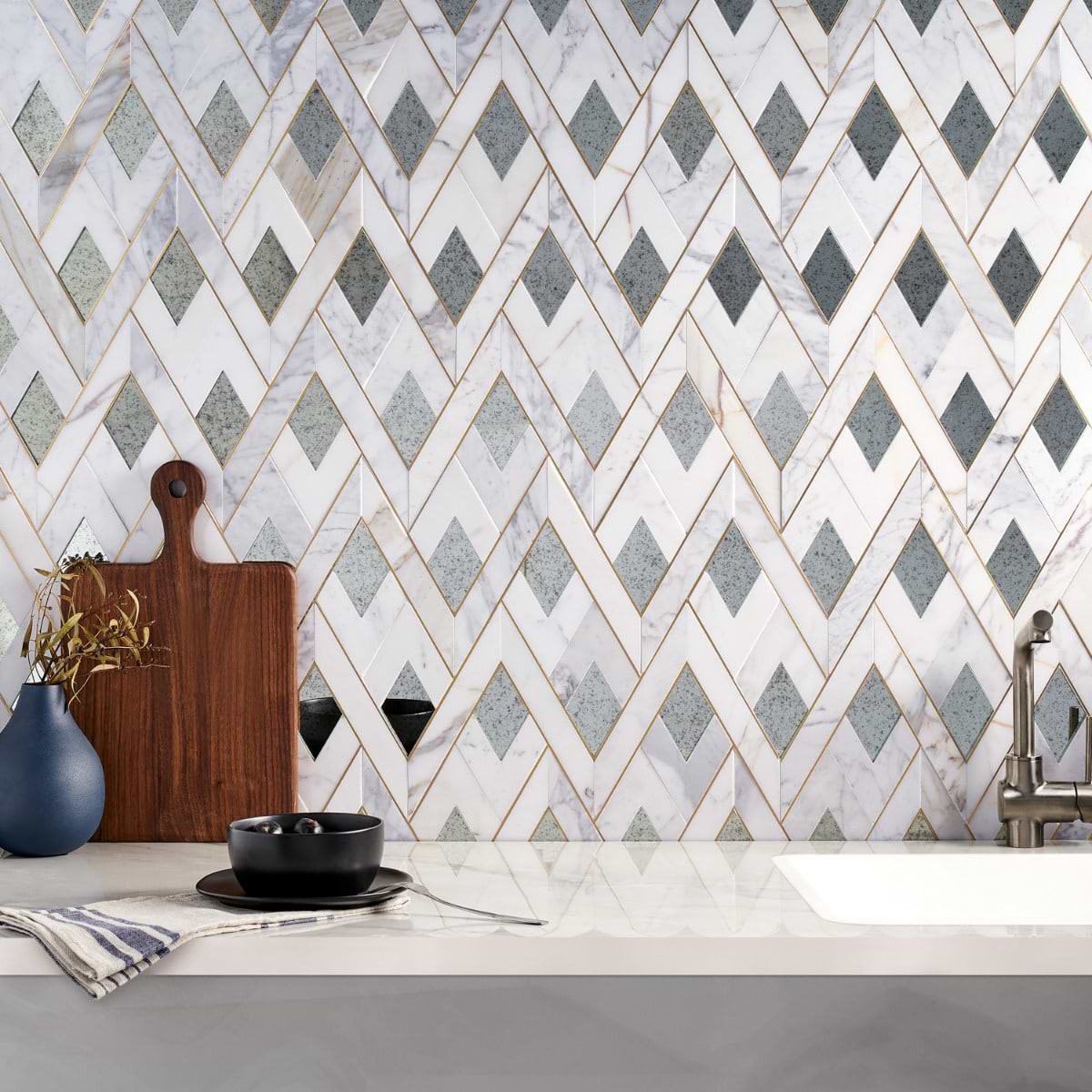 Fontane Mirror - Calacatta, Antique Mirror, & Brass; in White with Gray, Gold and Mirror Veining Marble + Antique Mirror + Brass; for Backsplash, Bathroom Wall, Kitchen Wall, Wall Tile; in Style Ideas Art Deco, Classic, Contemporary