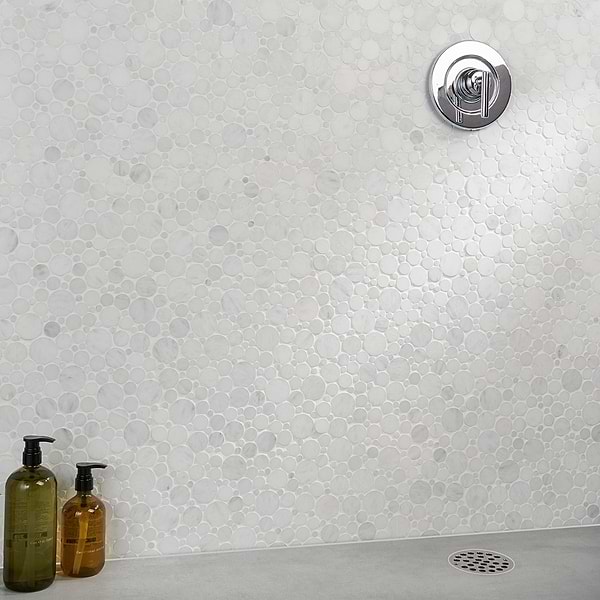 Marble Motion Circles Asian Statuary; in White base with gray and gold veining Asian Statuary Marble; for Backsplash, Bathroom Floor, Bathroom Wall, Commercial Floor, Floor Tile, Kitchen Floor, Kitchen Wall, Outdoor Wall, Shower Wall, Wall Tile; in Style Ideas Contemporary, Craftsman, Transitional