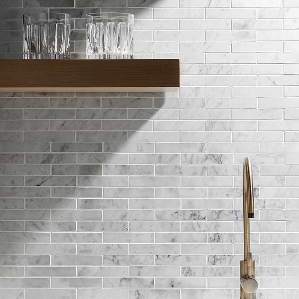 White Carrara Piano Brick; in White w/Gray Carrara; for Backsplash, Bathroom Floor, Bathroom Wall, Commercial Floor, Floor Tile, Kitchen Floor, Kitchen Wall, Outdoor Wall, Shower Wall, Wall Tile; in Style Ideas Contemporary, Modern, Traditional, Transitional